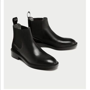 Zara Black leather flat Chelsea boots NWT